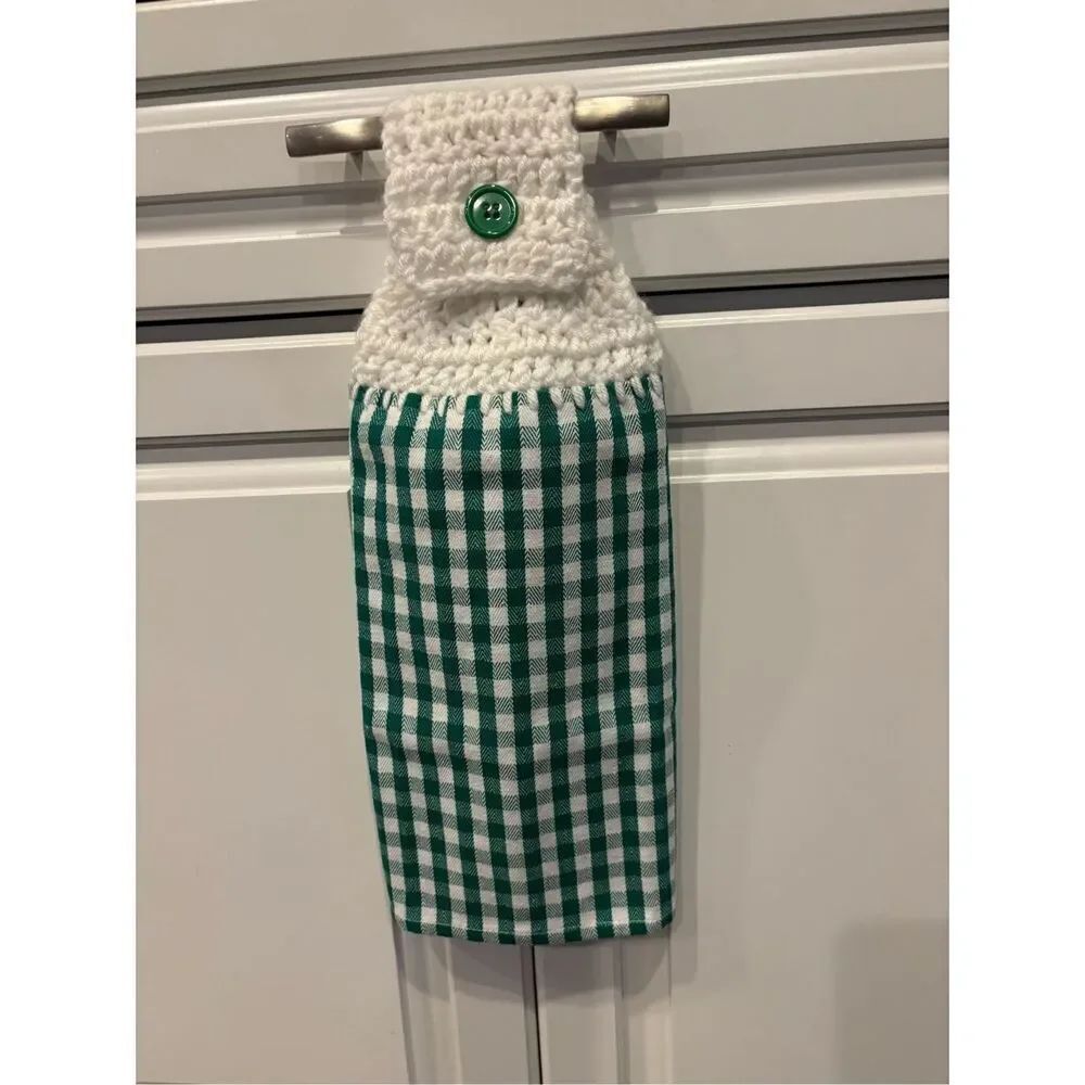 Crochet Top Kitchen Towel- Green and white checkers